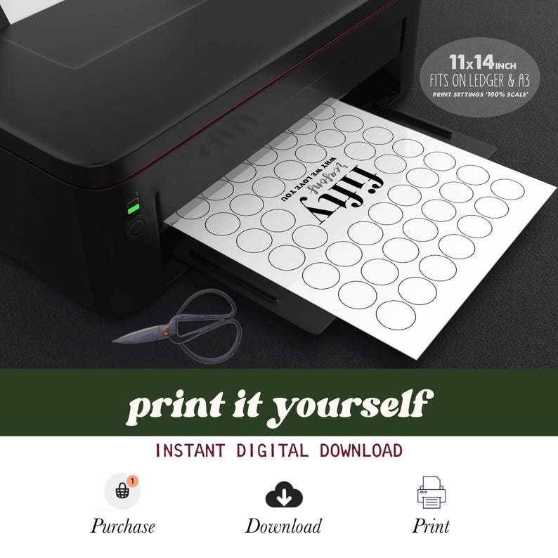 May include: A black printer printing a sheet of paper with the word "fifty" and the text "reasons why we love you" printed on it. The paper has multiple blank circles. The text "print it yourself" and "instant digital download" are also visible.