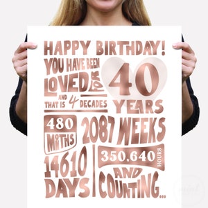 Você foi amado por 40 anos, meses, semanas, dias, estatísticas de aniversário, placa de feliz aniversário de 40 anos em ouro rosa para impressão, presente ou cartão de última hora