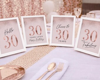 30th Birthday Table Sign Bundle | Pink Rose Gold Glitter 30 | Digital Download Set 4