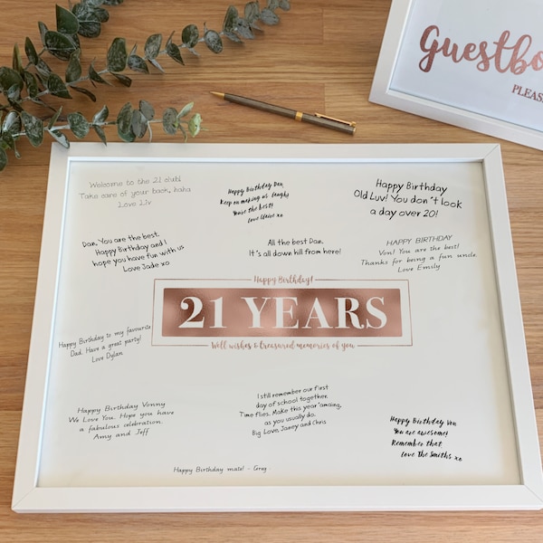 21 Years Signature Board Printable Sign Happy 21st Birthday Rose Gold Well Wishes and Treasured Memories, Welcome Adulthood Memory Board