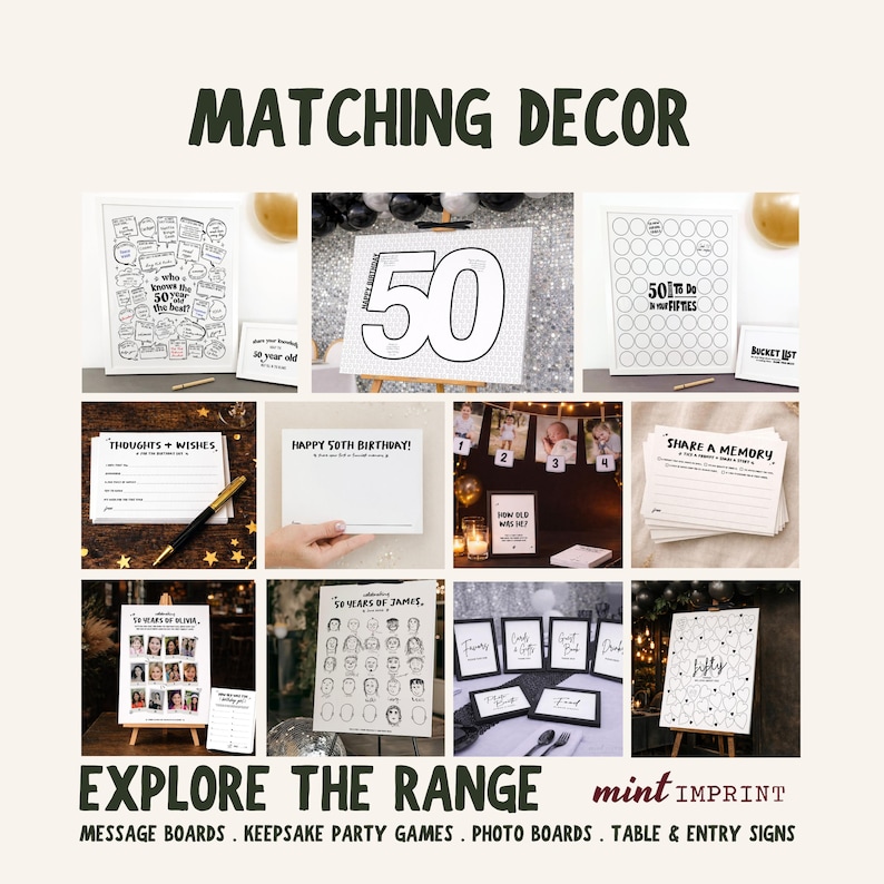 Peut inclure: Une collection de d&eacute;corations de f&ecirc;te sur le th&egrave;me du 50e anniversaire, comprenant des tableaux de messages et des pr&eacute;sentoirs photo. L'image pr&eacute;sente le texte "MATCHING DECOR" en haut et "EXPLORE THE RANGE" en bas. Les d&eacute;corations sont en noir et blanc.