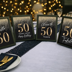 Male 50th Birthday Signs: Black and Gold Table Decor 50 Glitter (Digital 4 Set)