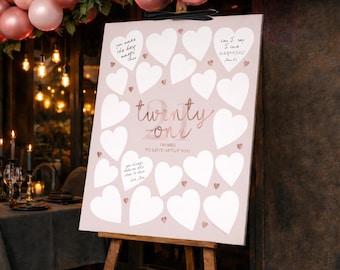 Letrero de cumpleaños número 21 color oro rosa: 21 cosas que nos encantan de ti. Tablero de mensajes para invitados (imprimible).