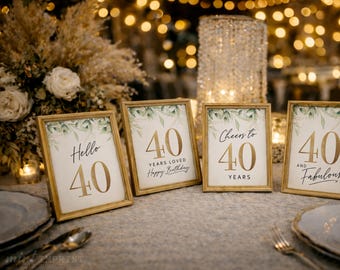 40th Birthday Botanical Signs, Greenery Gold Table Decor 4 Set (Digital Download)