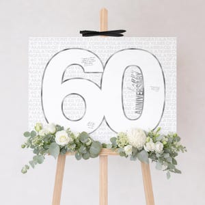 Letrero para fiesta de 60.º aniversario de bodas / Celebrando 60 años de casados / Libro de visitas con marco de firma con forma de número de plata y diamante