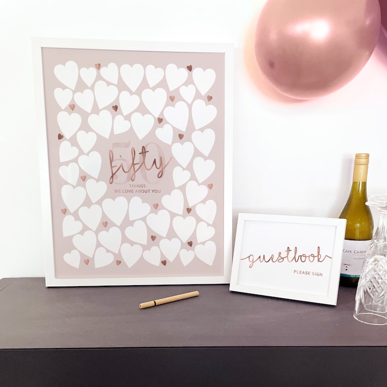 50. Geburtstags-Schild, Rosegold, Pink: 50 Dinge, die wir an dir lieben Gäste-Pinnwand (printable) Bild 2