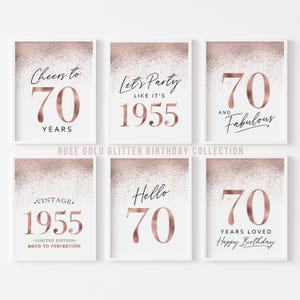 Decoraciones de oro rosa para 70 cumpleaños imprimibles, letreros de 70 cumpleaños para mujeres, Hello Forty Cheers Happy 1955, centro de mesa con purpurina (juego de 6)