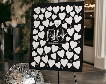 50th Birthday Poster: Fifty Things We Love About You Hearts Black White (Digital Download)