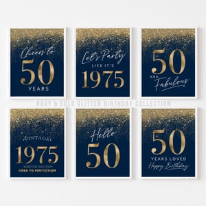 Segnali di auguri per il 50° compleanno blu navy e oro, decorazioni stampabili del 1975, Blue Eighty Hello 70 Vintage, 6 set DOWNLOAD IMMEDIATO