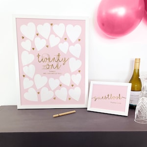 21. Geburtstagsgeschenk 21 Dinge, die wir an dir lieben, Pink Gold Party Dekoration Einundzwanzig Jahre Erinnerungen, Unterzeichnungsschild zum ausdrucken