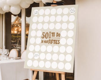 Bucket List 50-årsjubileum, 50 saker att göra på femtioårsåldern, utskrivbar beige boho, tom ifylld födelsedagsskylt, rolig gästbok, alternativa mål för 50-åringar