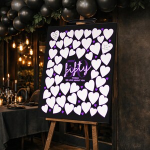 50th Birthday Sign Purple Black, Women's Party Guest Book Poster Hearts, Fifty Things We Love (Digital Download)