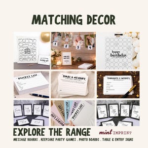 Pu&ograve; includere: Una collezione di articoli di cancelleria e insegne per feste di compleanno, tra cui un gioco Who Knows the Birthday Girl Best, una lista dei desideri, schede Share a Memory, schede Thoughts and Wishes e vari cartelli da tavolo.