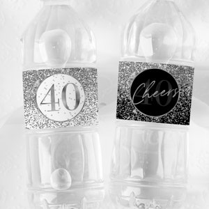 40th Birthday Water Bottle Label Silver Party Decoration, Cheers to 40 Years Drink Wrapper Napkin Envelope Printable Download