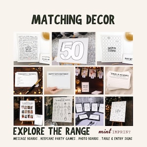 May include: A collage of party decor items, including message boards, photo displays, and keepsake games. The text "MATCHING DECOR" is at the top. The items are for a 50th birthday celebration, with the text "EXPLORE THE RANGE" at the bottom.