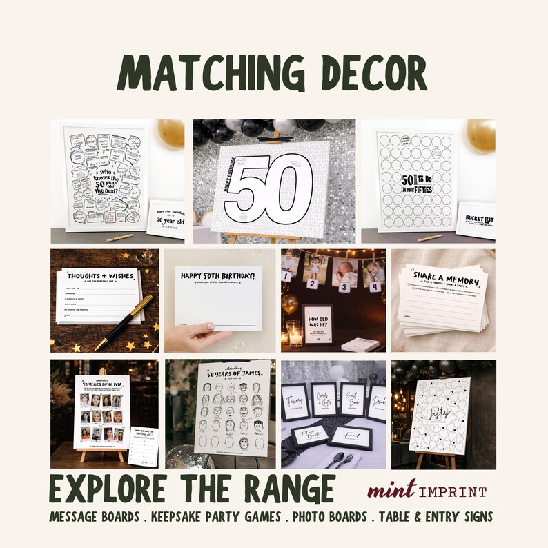 May include: A collage of party decor items, including message boards, photo displays, and keepsake games. The text "MATCHING DECOR" is at the top. The items are for a 50th birthday celebration, with the text "EXPLORE THE RANGE" at the bottom.