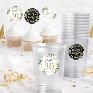 30歳の誕生日カップケーキピックトッパータグラベル、花柄グリーンリーフゴールド30デコレーション（デジタル）