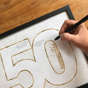 50th Wedding Anniversary Party Sign In, Celebrating 50 Years Married Golden Gold Number Shape Guest Book Signature Frame PRINTABLE
