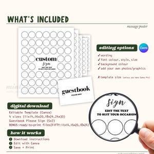 May include: Digital download template with customizable sign and guestbook options. Includes editable Canva templates in four sizes: 11x14, 16x20, 18x24, and 24x30 inches, plus a 5x7 guestbook sign. Ready-to-print files are also included.