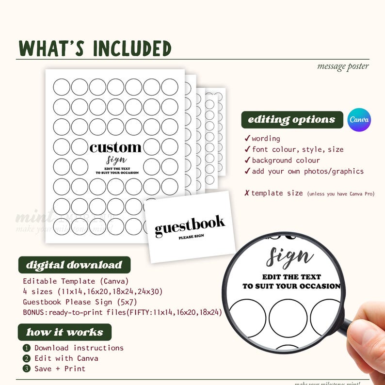 May include: Digital download template with customizable sign and guestbook options. Includes editable Canva templates in four sizes: 11x14, 16x20, 18x24, and 24x30 inches, plus a 5x7 guestbook sign. Ready-to-print files are also included.