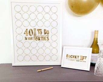 Gold 40th Bucket List Printable Birthday Sign In for Guests to Write In, Engaging Birthday Game 40 Things To Do In Your Forties