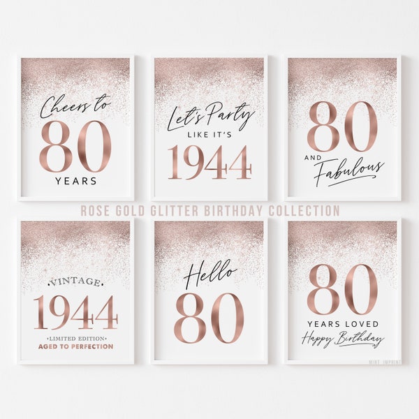 Printable 80th Birthday Party Decorations for Women Rose Gold 80 Birthday Signs, Hello Eighty Cheers Vintage 1944 Glitter Templates 6 set