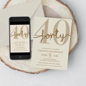 40th Birthday Invitation for Men or Woman, Neutral Beige Party Invite (Canva Template)