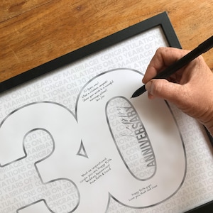 Letrero para fiesta de 30.º aniversario de bodas, para celebrar 30 años de casados, libro de visitas con forma de número en plata perla, marco de firma imprimible