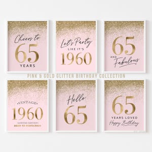 65th Birthday Decorations for Women | Pink Gold Party Supplies | Printable Signs Set 6 | Hello 65 Cheers Vintage 1960 Glitter | Sixty-Five
