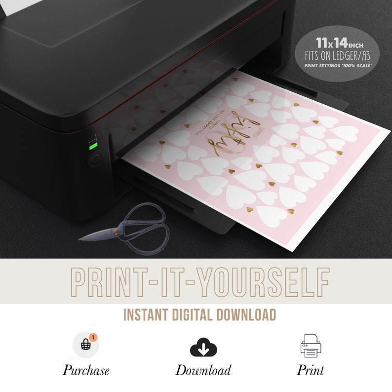 May include: Printable 11x14 inch heart guest book with gold hearts and the text "fifty things I love about you".  The printable is shown being printed on a printer.  The text "Print-it-yourself" and "Instant Digital Download" is also shown.
