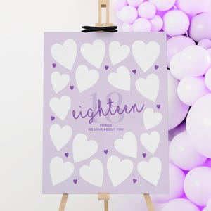 Placa de aniversário de 18 anos, pôster roxo para impressão "18 coisas que amamos em você", decoração de festa lilás, placa para assinatura de convidados