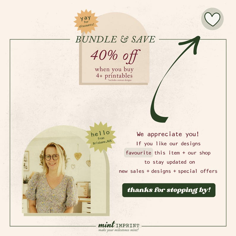 May include: A promotional graphic with text that reads "BUNDLE & SAVE 40% off when you buy 4+ printables." The image also includes the text "yay for discounts!" and "thanks for stopping by!"