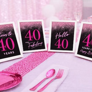 Hot Pink 40th Birthday Party Table Signs | Neon Decorations (Printable 4 Set)