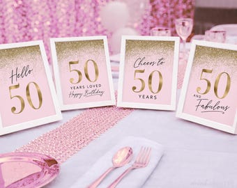 50th Birthday Decorations: Pink & Gold Glitter Printable Table Sign Bundle Set 4 (Digital Download)