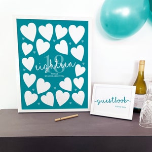 Teal 18th Birthday Party Sign, 18 Things We Love About You Printable Birthday Decorations for Women, Write in 18 Hearts