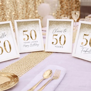Gold 50th Birthday Party Decorations, Printable 50 Birthday Signs for Women, Hello Fifty Cheers Happy Glitter 4 set