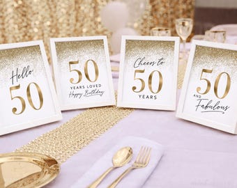 Décorations de fête d'anniversaire dorées pour 50e anniversaire, 50 signes d'anniversaire imprimables pour femmes, lot de 4 paillettes Hello Fifty Cheers Happy