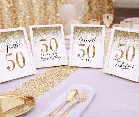 Gold 50th Birthday Party Decorations, Printable 50 Birthday Signs for Women, Hello Fifty Cheers Happy Glitter 4 set