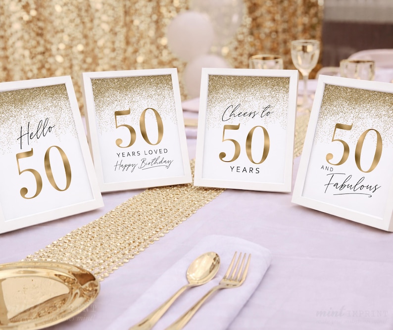Printable 50th Birthday Table Sign Bundle with Gold Glitter Confetti cascading from top of each framed poster, 4 set including wording "Hello 50" "50 Years Loved Happy Birthday" "Cheers to 50 Years" and "50 and Fabulous".