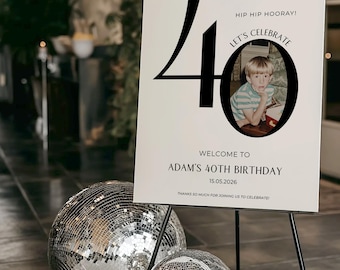 40th Birthday Photo Welcome Sign, Minimalist Black and White (Editable Download)