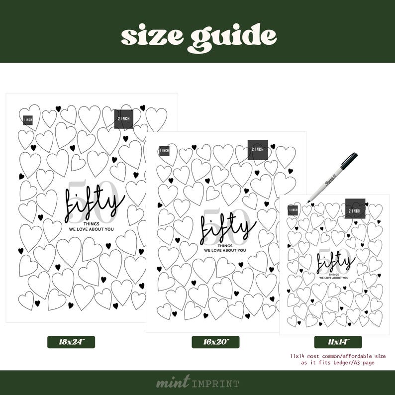 Peut inclure: Trois impressions sur papier blanc avec un motif de c&oelig;ur et le texte "fifty things we love about you." Les tailles incluent 45,7x61cm, 40,6x50,8cm et 28x35,5cm. Un marqueur noir est &eacute;galement visible.