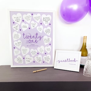 21st Birthday Purple Table Sign Guest Book Alternative, Write in Hearts 21 Things We Love About You Sign, Twenty-One Party Decorations