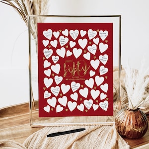 Red Gold 50th Birthday Sign, Heartfelt 50 Memories Poster Printable, Fifty Things We Love About You, 50 Hearts Write On Party Decor