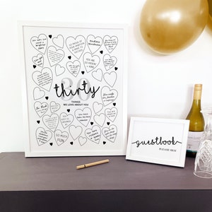 Thirty Things We Love About You Printable Sign In Board, 30th Birthday Party Decorations, 30 Hearts Guestbook Poster Birthday Wishes Black