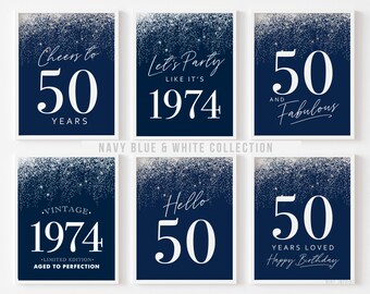 Navy Blue Birthday Decorations for 50th, Printable Birthday Signs for Men 50 Years, Nautical Birthday Theme 1974 Instant Download 6 set