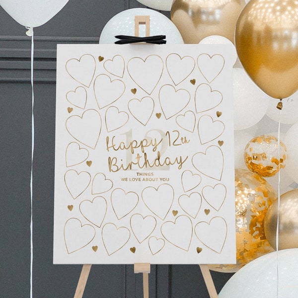 12th Birthday Poster, Things We Love About You, 30 Hearts Gold Party Decor, Printable Sign 12 Year Old Decorations Boys Girls Tween Digital