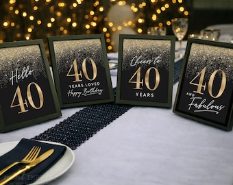 Male 40th Birthday Signs: Black and Gold Table Decor 40 Glitter (Digital 4 Set)