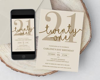 21st Birthday Invitation for Men or Woman, Neutral Beige Party Invite (Canva Template)