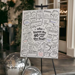 May include: A white sign on a black easel with the text "Who knows the 40 year old the best?" surrounded by speech bubbles with various answers. Two disco balls are in the foreground.