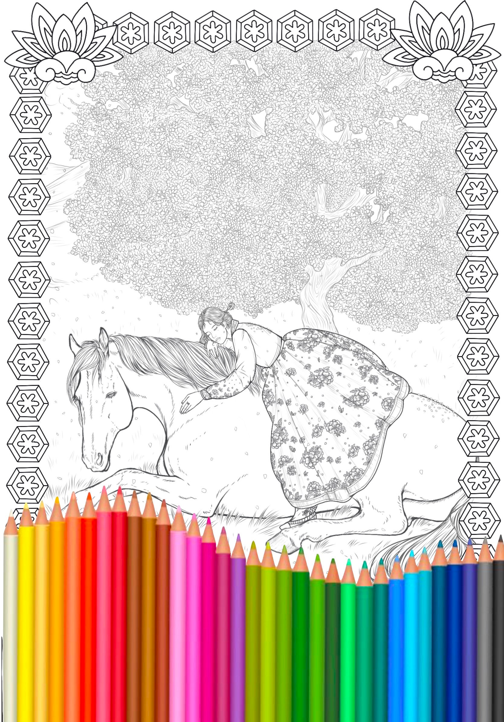 Korea Hanbok Coloring Page Coloring PDF for Adults Grayscale | Etsy